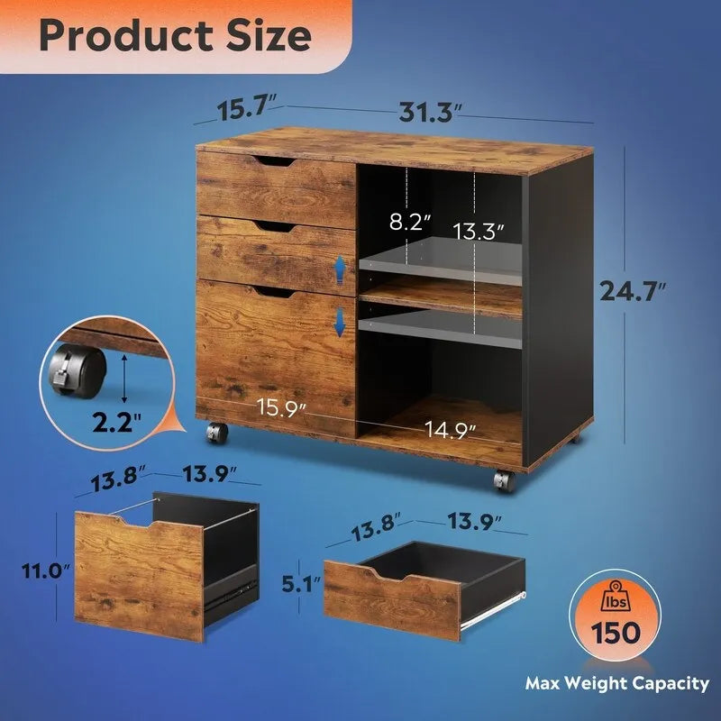 Meuble de classement en bois, classeur latéral mobile - 39,9 P x 79,5 L x 62,7 H cm