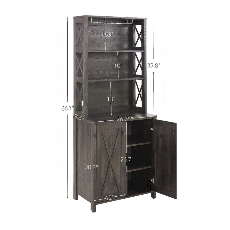 Meuble de bar à café avec support pour micro-ondes, cadre en métal, meuble de bar d'appoint pour la maison, meuble en bois avec motif de grange creuse