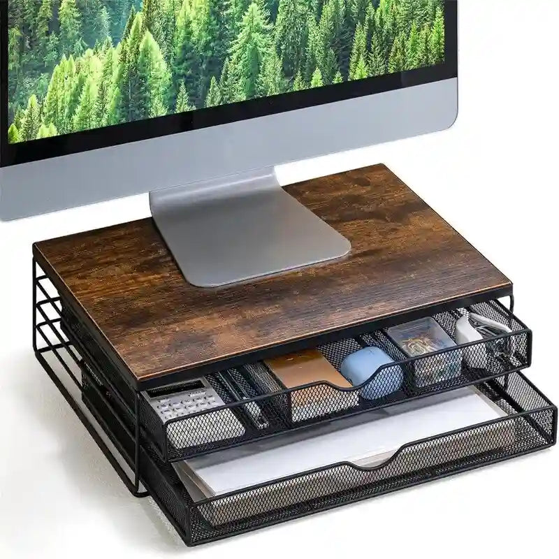 Rehausseur de moniteur en bois avec tiroirs