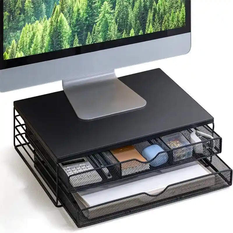 Rehausseur de moniteur en bois avec tiroirs