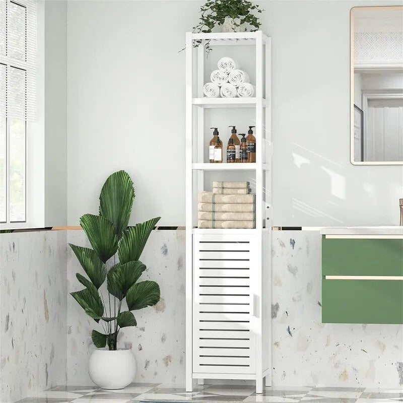 Meuble de rangement étroit de 6 niveaux et de 170 cm de haut avec porte persienne et étagères ouvertes - 33P x 34L x 169H cm