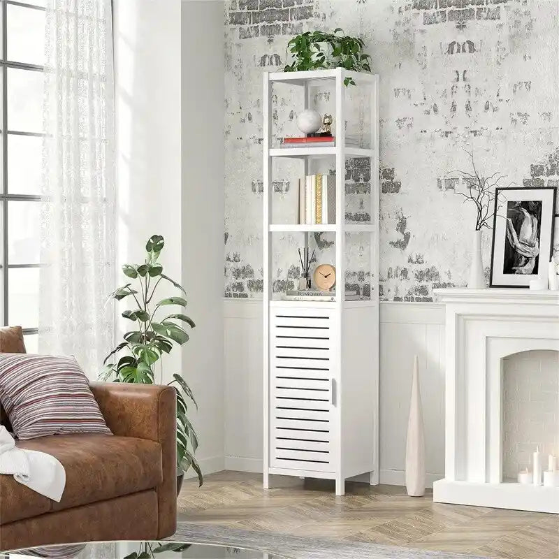 Meuble de rangement étroit de 6 niveaux et de 170 cm de haut avec porte persienne et étagères ouvertes - 33P x 34L x 169H cm