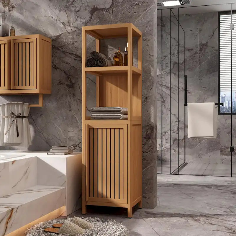 Meuble de rangement multifonctionnel en bambou pour salle de bain avec 2 étagères ouvertes
