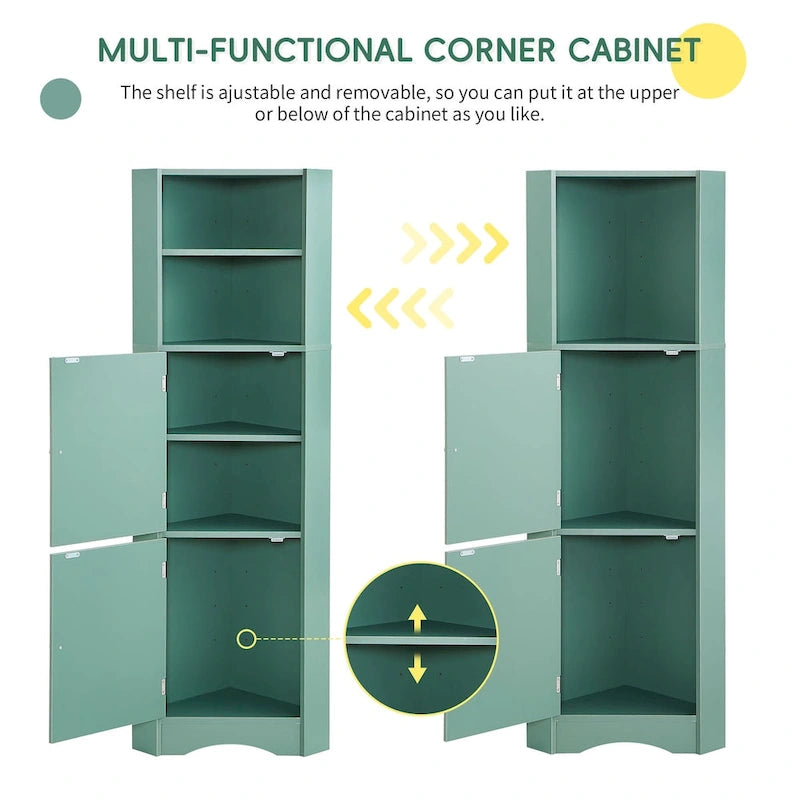 Meuble d'angle de salle de bain haut, armoire de rangement autoportante avec portes et étagères réglables, panneau MDF, vert