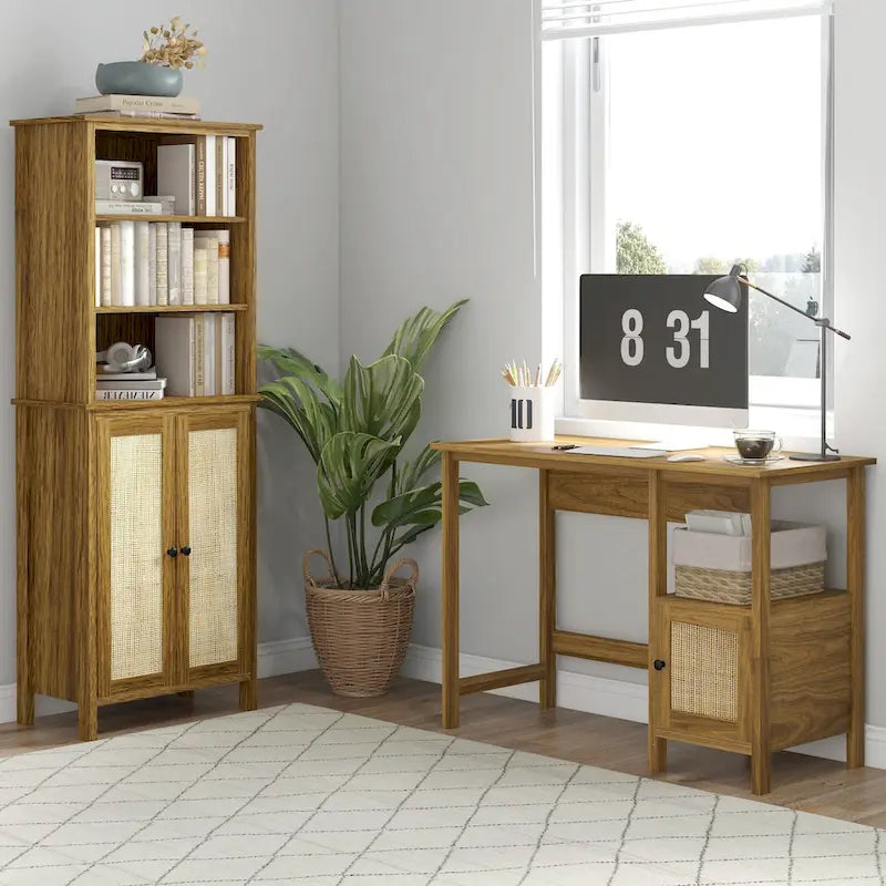Étagère bibliothèque avec meuble de rangement et étagères ouvertes, Grande étagère, Noyer