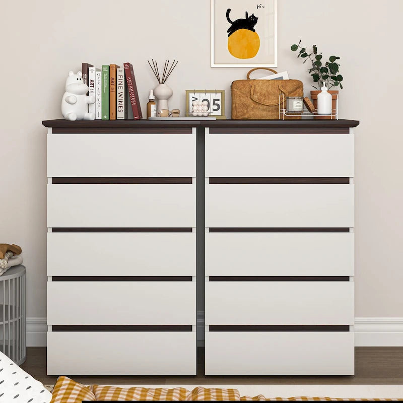 Grande commode blanche pour chambre, commode moderne du milieu du siècle avec tiroirs, commode à 5 tiroirs avec plateau couleur bois, petite commode